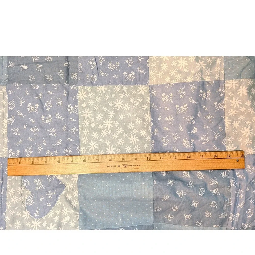 Handmade Unfinished Baby Quilt Top Patchwork Blue White Heart Floral 37x54